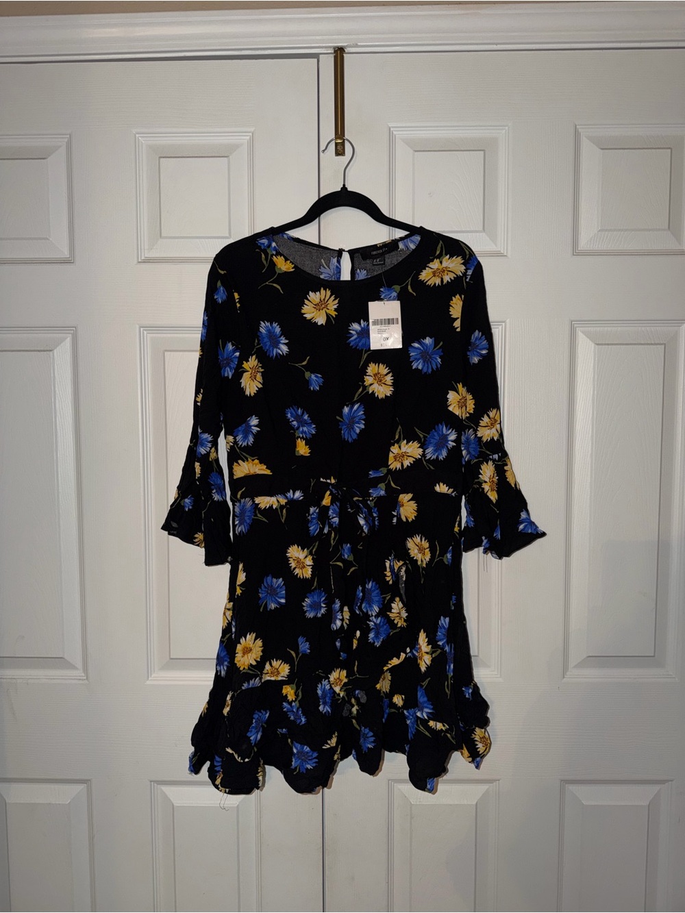 Forever 21 Black Floral Ruffle Dress with Blue & Yellow Blooms